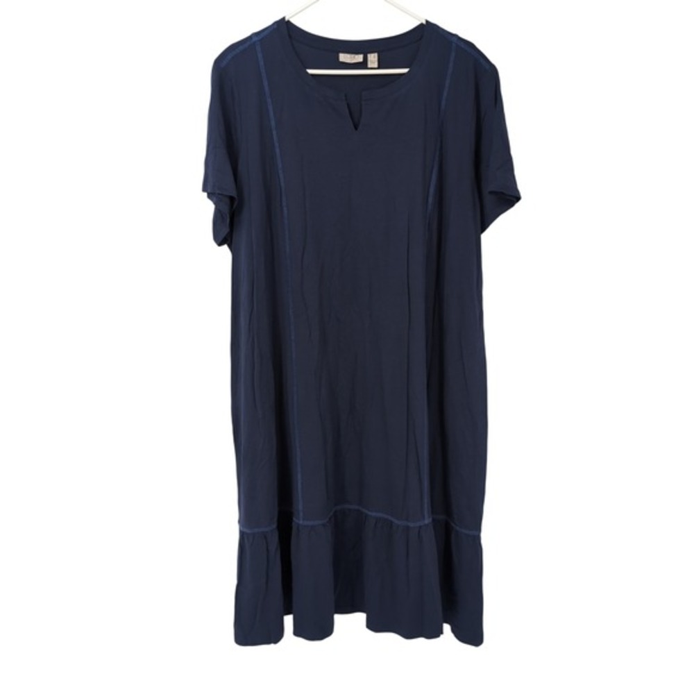 LOGO Lori Goldstein‎ Dress Blue Cotton Modal Split Neck Ruffle Hem Womens 2X
